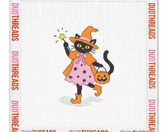 Trick or Treat Witch Cat Needlepoint Canvas