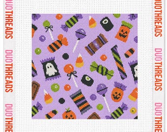 Purple Trick or Treat Halloween Candy Needlepoint Canvas