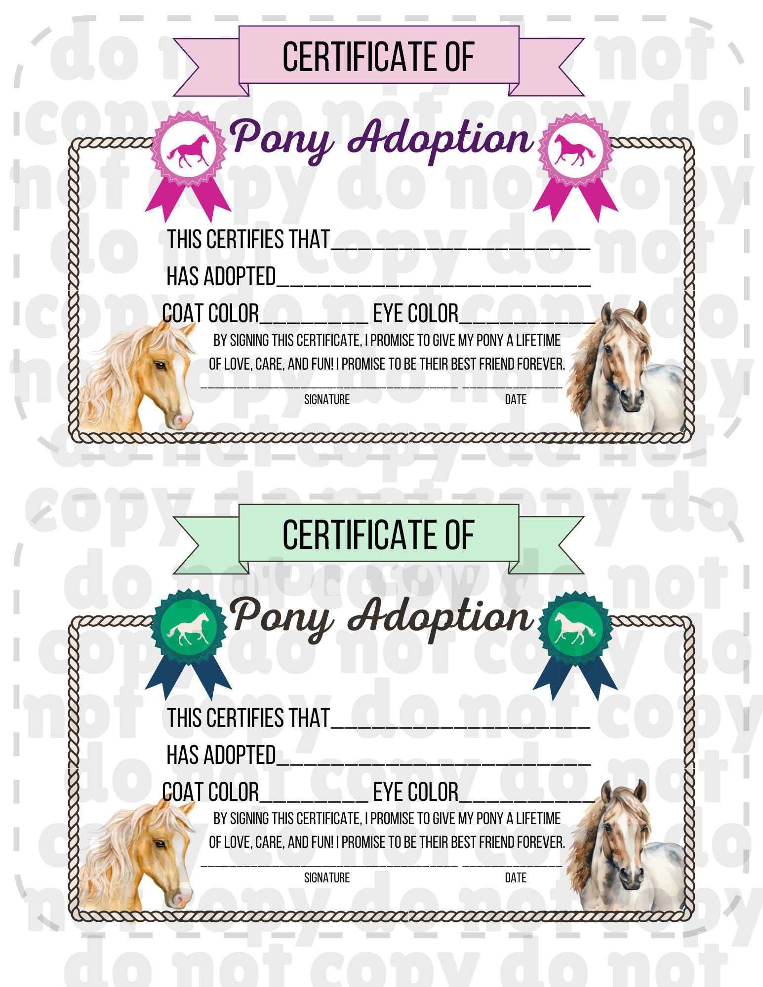 Digital File - Pony Adoption Certificates Pony Party Adopt a Pony Kit ...