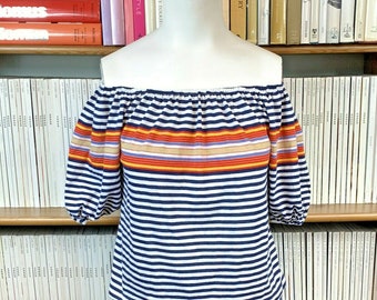 Vintage 1960s 1970s Off Shoulder Bardot Breton Stripe Jersey Top S 8 10 Roller Disco Navy Rainbow Casual Summer Made in USA Union Polycotton