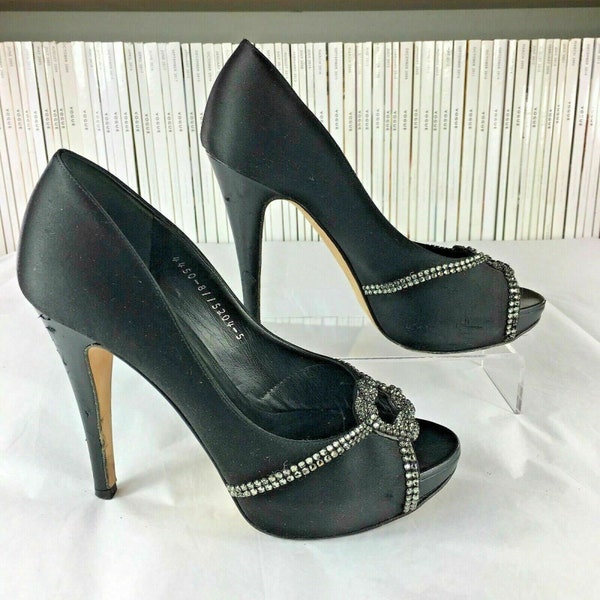 Vintage 2000s Y2K Gina London UK 5 38 US 8 Heels Black Satin Swarovski Crystal Platform Peeptoe