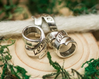 Set of 5 Metal 'Love' Carved Dread Beads, 9.7mm Hole Size. Jewellery Making Silver Colour