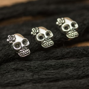 Set of 5 Metal Flower Skull Dread Beads Silver Colour, 7mm Hole, Jewelry Making