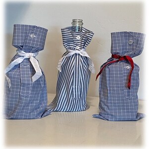 Wine and beverage Bottle Bags made from the sleeves of upcycled men&#39;s shirts with tie ribbons added.