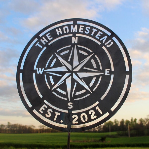 The Homestead Compass Rose Garden Stake - Custom Rustic Metal Garden Decor - Memorial Yard Marker - Personalized Gifts - Compass Rose