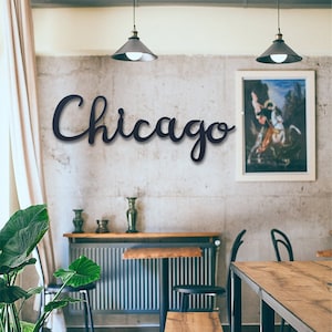 Cartello in metallo di Chicago - Decorazione murale con parole corsive - Arte dello Stato dell'Illinois - Arte murale rustica della città - Arte murale vintage - Arte di Chicago