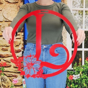 Poinsette Floral Monogram Wreath - Custom Monogram Sign - Front Door Decor - Closing Gift - Metal Initial