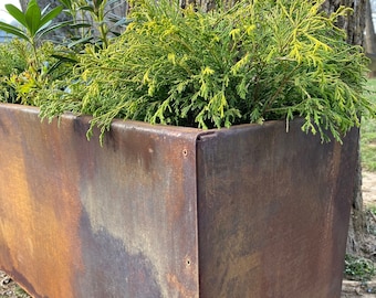 Metal Trough Planter - Medium Rectangular Planter - 14" Tall Spring Annual Planter Pot - Raw Steel Will Develop Natural Rusty Patina