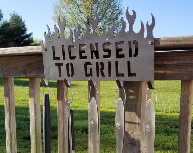 Personalized License to Grill BBQ Tool Holder with Hooks  - Personalized Tool Grill Hook - Personalized Gifts - Outdoor Home Decor