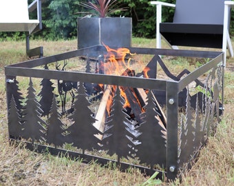 Wilderness Steel Fire Pit - Metal Outdoor Backyard Fire Ring - Nature Decor - Pine Trees - Mountains - Roaming Bear - Deer - Free Shipping