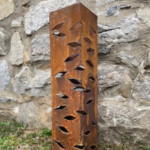 Blowing Leaf Metal Garden Column – Rusted Outdoor Sculpture – Leaf Cutout Steel Pillar – Yard Art – 5 Sizes Available
