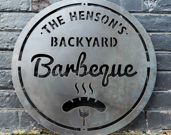 Personalized Metal Family Backyard Barbeque Sign - Outdoor Last Name Grilling BBQ Patio Decor - Personalized Gifts - Wall Decor - Wall Art