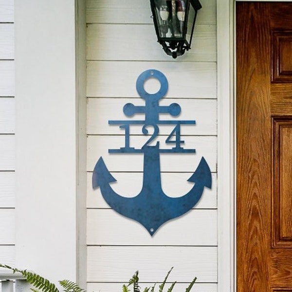 Nautical Address Sign - Metal Anchor Front Porch Decor - Personalized Beach House Sign - Nautical Decor - Lake House Decor - House Numbers