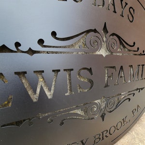 May include: Black metal sign with a decorative scroll design and the text "Lewis Family" and "Brook, PA".