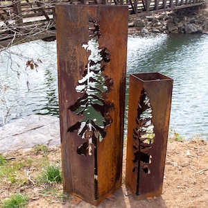 Pine Tree Garden Columns - Garden Decor - Metal Garden Sculpture - Well Cover - Furniture and Decor - Utility Box Cover - Outdoor and Garden