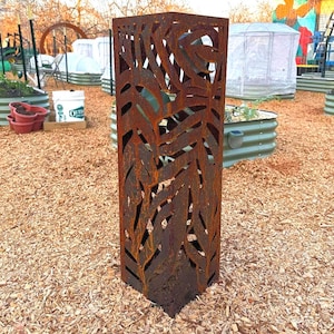 Monstera Leaf Garden Column - Rusted Steel Outdoor Sculpture - Well Pump Cover - Tropical Yard Art - Gardener Gift
