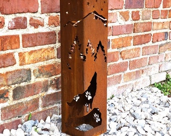 Wolf with Moon Mountain Scene Garden Column