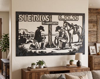 Custom Praying Cowboy Metal Sign Personalized Western Wedding Gift Steel Cross Wall Art