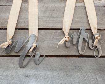 Mr and Mrs Wedding Chair Signs - Metal Chair Back Decorations - Bride and Groom Decor - Rustic Wedding Decor - Wall Art