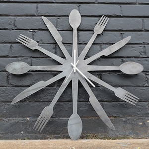 Foodie Metal Clock - Rustic Home Cutlery Wall Art - 24&quot; Diameter with Spoons, Forks, and Knives - Wall Art - Wall Decor