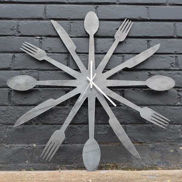 Foodie Metal Clock - Rustic Home Cutlery Wall Art - 24" Diameter with Spoons, Forks, and Knives - Wall Art - Wall Decor