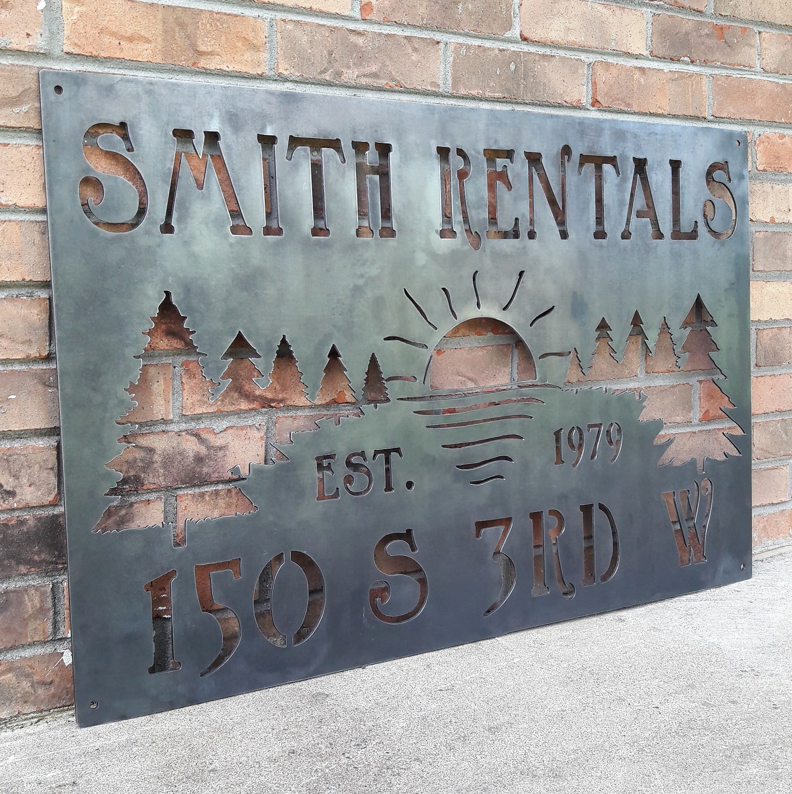 Custom Rustic Metal Lake Sign Pine Trees Sunset Cabin Etsy