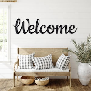 Cursive Welcome Sign, Metal Wall Decor in 24&quot;, 36&quot;, 48&quot; – Entryway Welcome Sign, Farmhouse Porch Decor, Indoor Outdoor Steel Wall Art