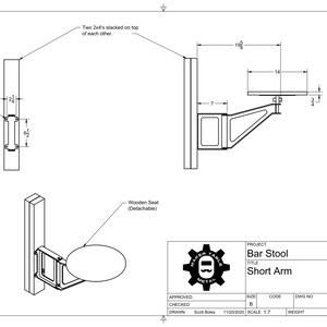 Puede incluir: Dibujo de l&iacute;nea de un taburete de bar con un brazo corto, que muestra las dimensiones del taburete y del brazo. El taburete est&aacute; hecho de metal y tiene un asiento de madera. El texto "Bar Stool Short Arm" est&aacute; incluido en el dibujo.