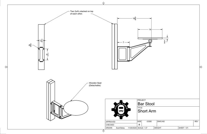 Puede incluir: Dibujo de l&iacute;nea de un taburete de bar con un brazo corto, que muestra las dimensiones del taburete y del brazo. El taburete est&aacute; hecho de metal y tiene un asiento de madera. El texto "Bar Stool Short Arm" est&aacute; incluido en el dibujo.