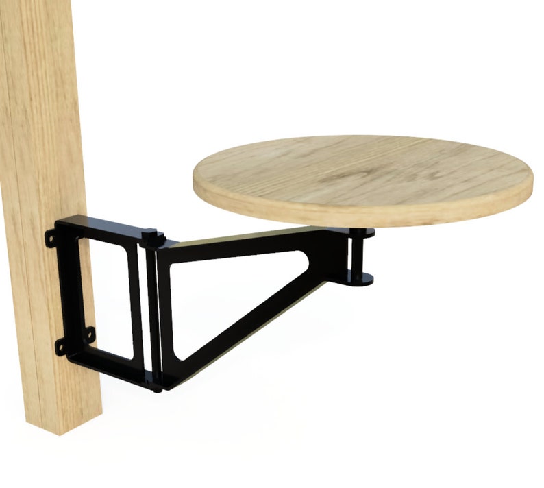 May include: A black metal folding table bracket attached to a wooden post, supporting a round wooden table top.