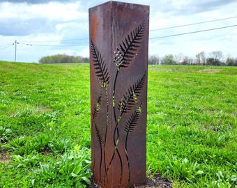 Rusted Steel Fern Column - Heavy Duty Garden Sculpture - Botanical Outdoor Landscape Pillar - Modern Yard Art - Patio Decor