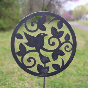 Ships in 2 Days | Metal Bird and Vines Garden Stake - Steel Gardening Decor - Circle Yard Art Marker - Free Shipping