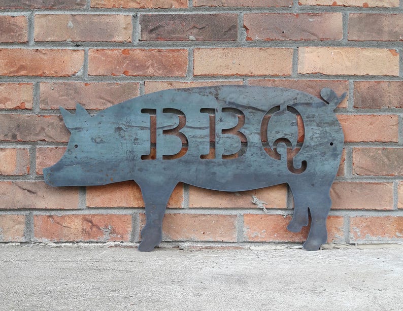 Ships in 2 Days BBQ Pig Metal Sign Kitchen Butcher Shop Barbecue BBQ Pig Sign Custom Sizes Available Metal Smoker Decor Raw Steel -Dark