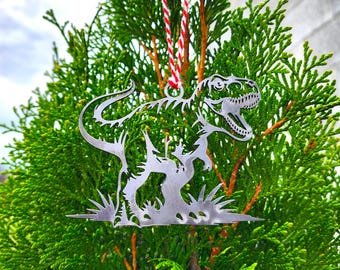 T-Rex Metal Ornament - Dinosaur Christmas Tree Decor - Steel Jurassic Bauble - Heavy Duty Shatterproof Gift For Kids