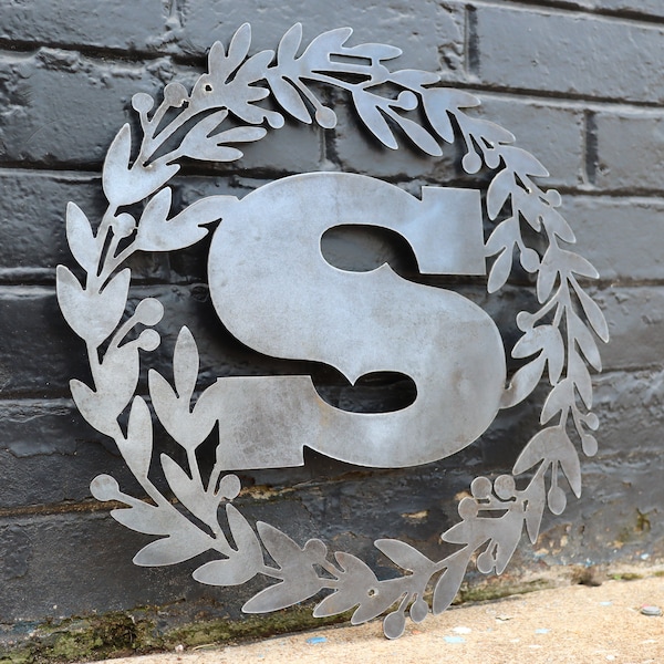 Ships in 2 Days | Custom Metal Monogram Holly Wreath - Initial Letter Front Door Hanger - Custom Metal Monogram - Wall Art - Home Gifts