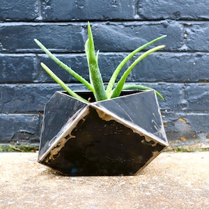 May include: A black geometric metal planter with a succulent plant growing inside. The planter has a rough, industrial look and is made of metal.