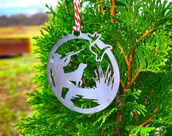 Duck Hunting Christmas Tree Metal Ornament - Waterfowl Hunter Gift - Retriever Dog Silhouette - Rustic Cabin Decor