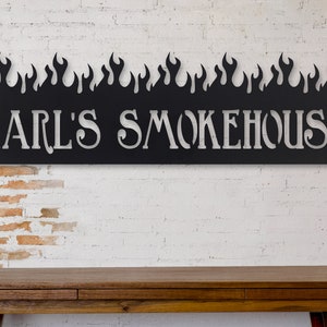 Custom Smokehouse BBQ Metal Sign - Personalized Flaming Grill - Barbeque - Barbecue - Personalized Gifts - Wall Art - Personalized Decor