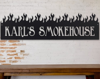 Custom Smokehouse BBQ Metal Sign - Personalized Flaming Grill - Barbeque - Barbecue - Personalized Gifts - Wall Art - Personalized Decor