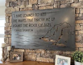 Charles Spurgeon Quote Metal Wall Art Rock of Ages Sign Ocean Cliff Christian Steel Wall Decor Faith Gift