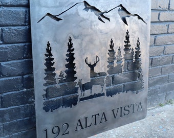 Personalized Metal Address Sign – Rustic Deer & Mountain Decor