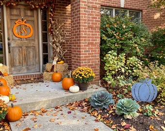Pumpkin Porch Set Personalized Monogram Wreath Metal Fall Door Decor Bundle with Cute Pumpkin Garden Stakes, Laser Cut Steel Autumn Gift