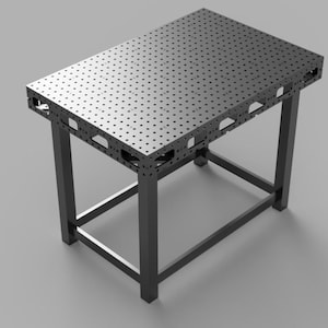 May include: A black metal table with a perforated top. The table has a square base and four legs.