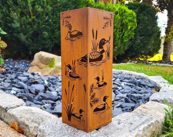 Loon Garden Column - Metal Lake Yard Art Sculpture - Rusted Steel Well Head Cover - Outdoor Garden Decor