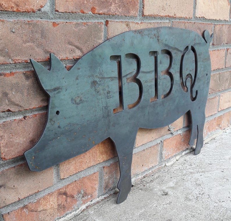 Ships in 2 Days BBQ Pig Metal Sign Kitchen Butcher Shop Barbecue BBQ Pig Sign Custom Sizes Available Metal Smoker Decor image 3