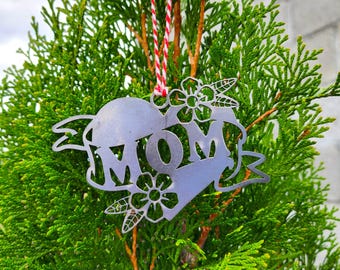 Mom Heart Christmas Tree Ornament - Tattoo Style Metal Floral Decor - Sentimental Mom Gift - Heavy Duty Steel Bauble
