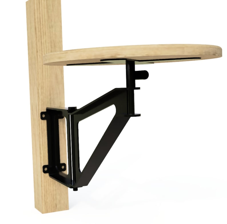 May include: A black metal shelf bracket attached to a wooden post, supporting a round wooden shelf.