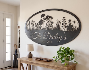 Personalized Wildflower Family Name Sign Custom Oval Metal Meadow Wall Decor Established Year Steel Garden Gift