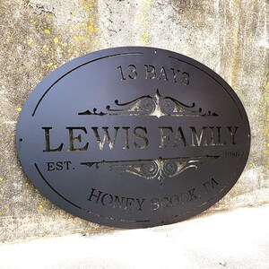 May include: Black metal oval sign with the text "13 Bays Lewis Family Est. 1986 Honey Brook, PA" in a decorative font.