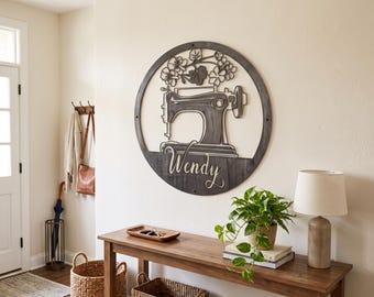 Personalized Sewing Machine Sign Custom Metal Sewing Room Decor Round Seamstress Name Sign Quilting Gift